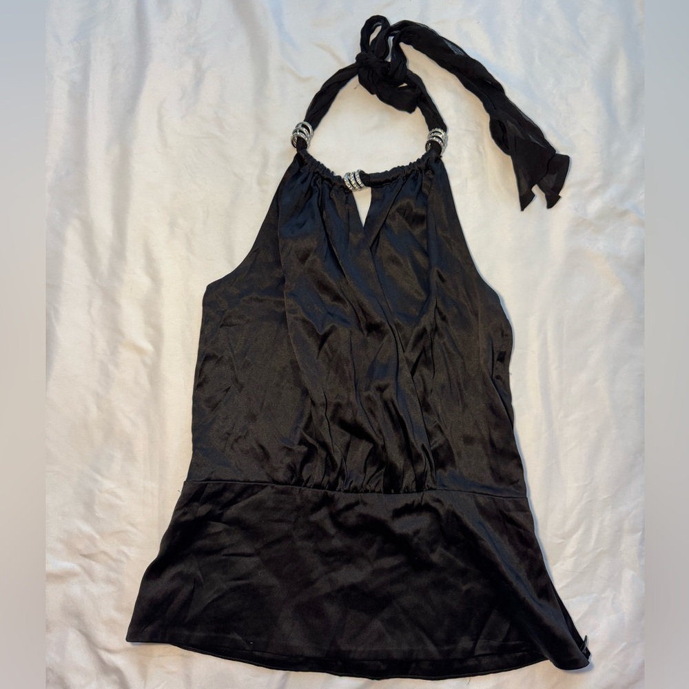 Vintage Y2K Nu Collective Black Silk Halter Top with faux Diamond details 🤍
